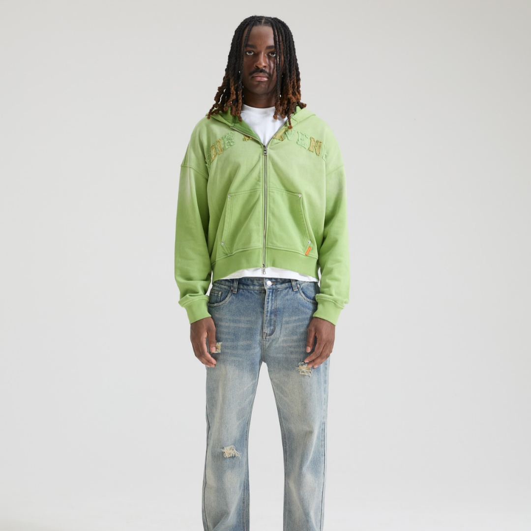 Distressed Logo Embroidered Zip Hoodie