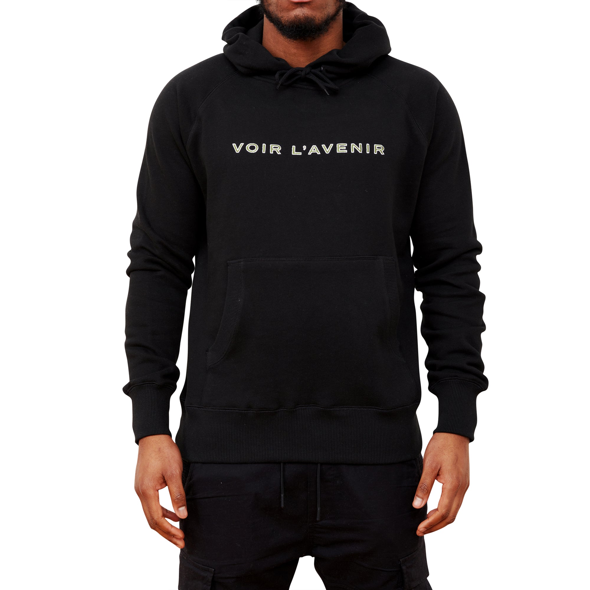 Signature Embroidered Hoodie (Black) on the model